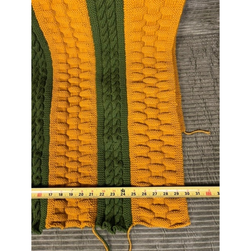 Handmade Crochet Blanket Orange Olive Green Striped Cable Basketweave 30x66 - Picture 3 of 6